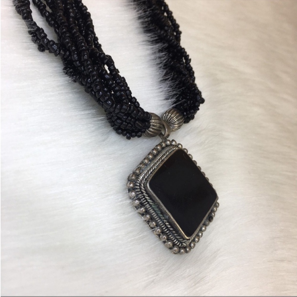 Vintage Tribal Bead Necklace with Silver & Onyx Pendant - Picture 7 of 8